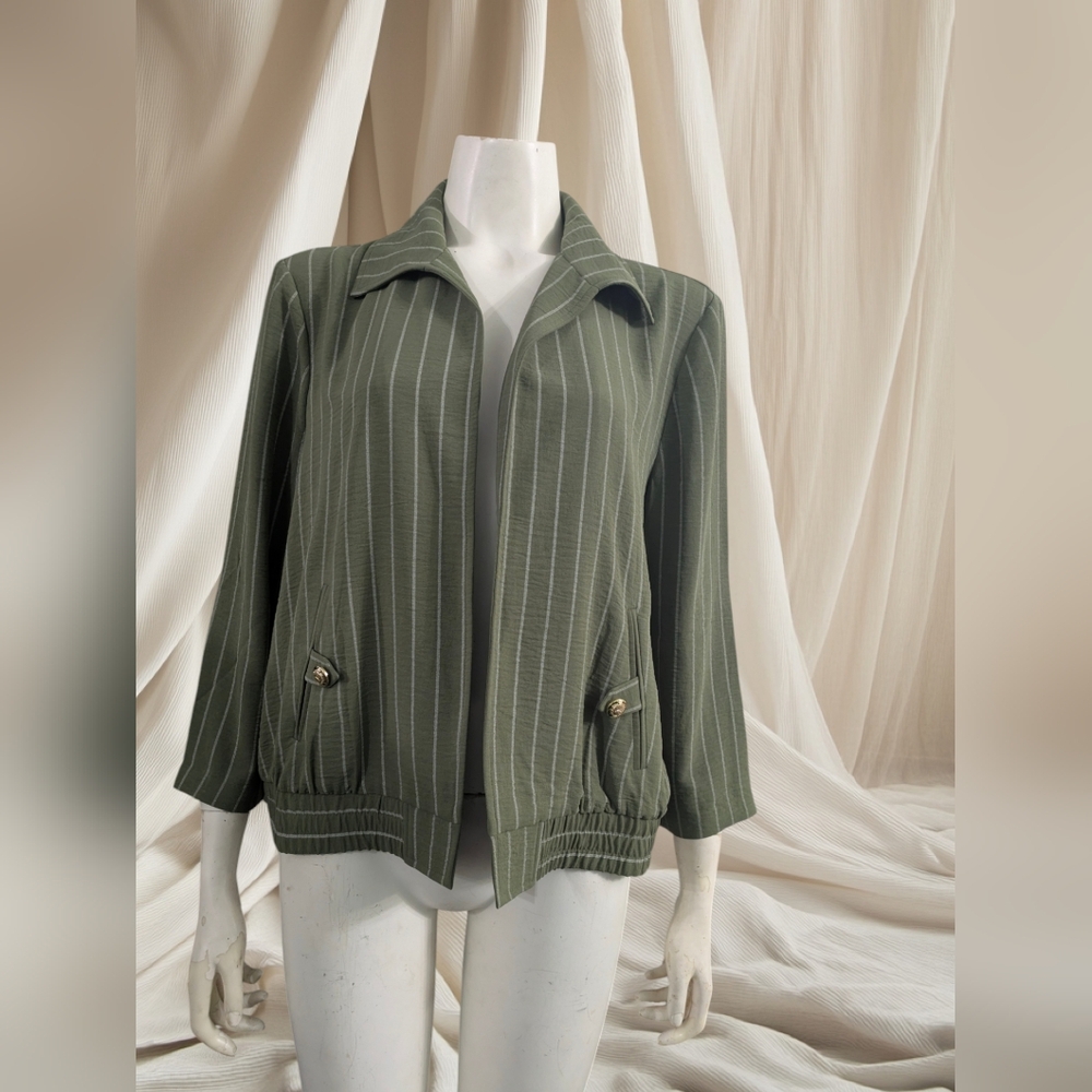 NWT New York Clothing Co Olive Green White Striped Bomber Blazer Cardigan Large